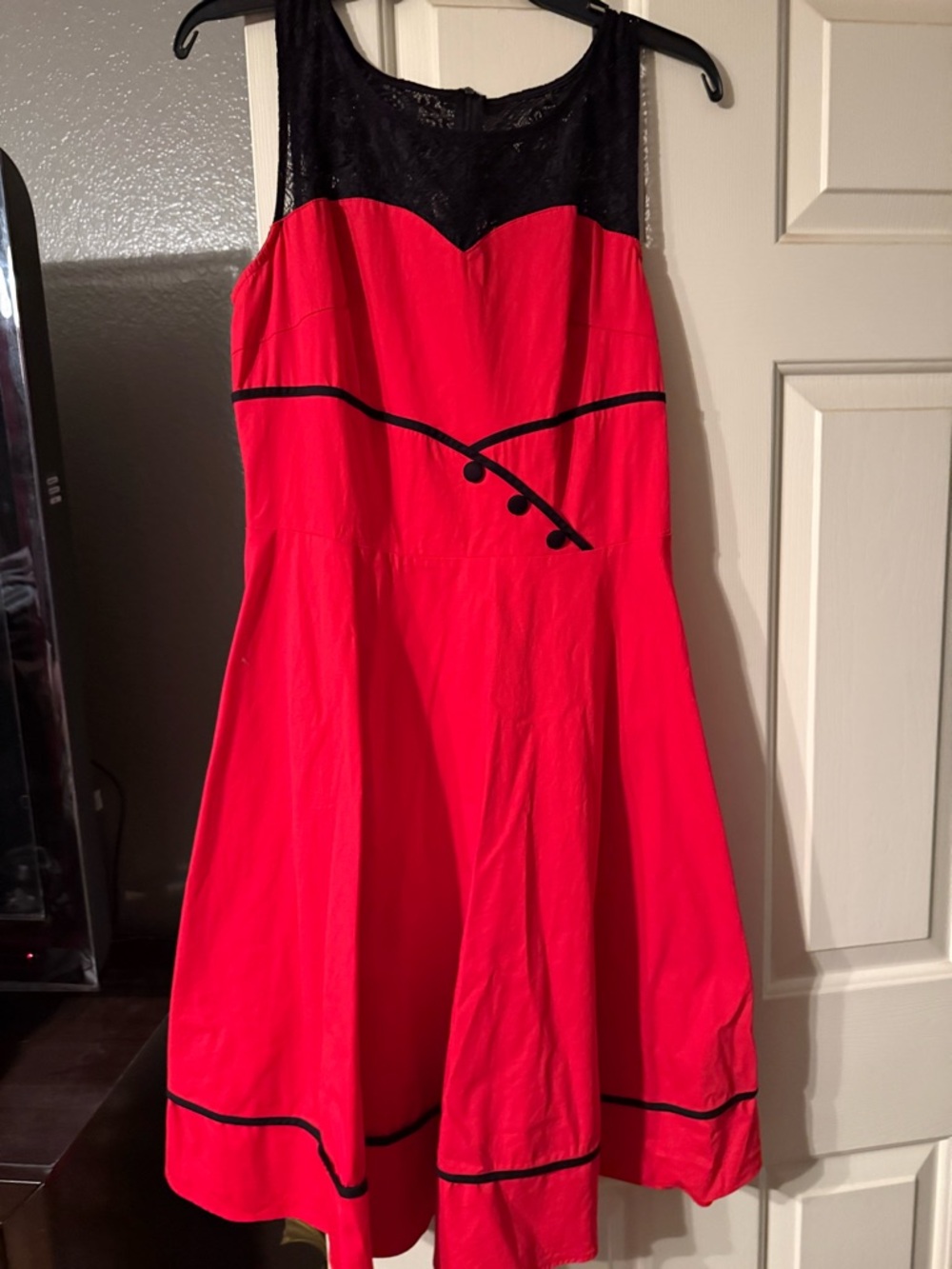 Red Midi Fit-and-Flare Dress with Black Lace Yoke